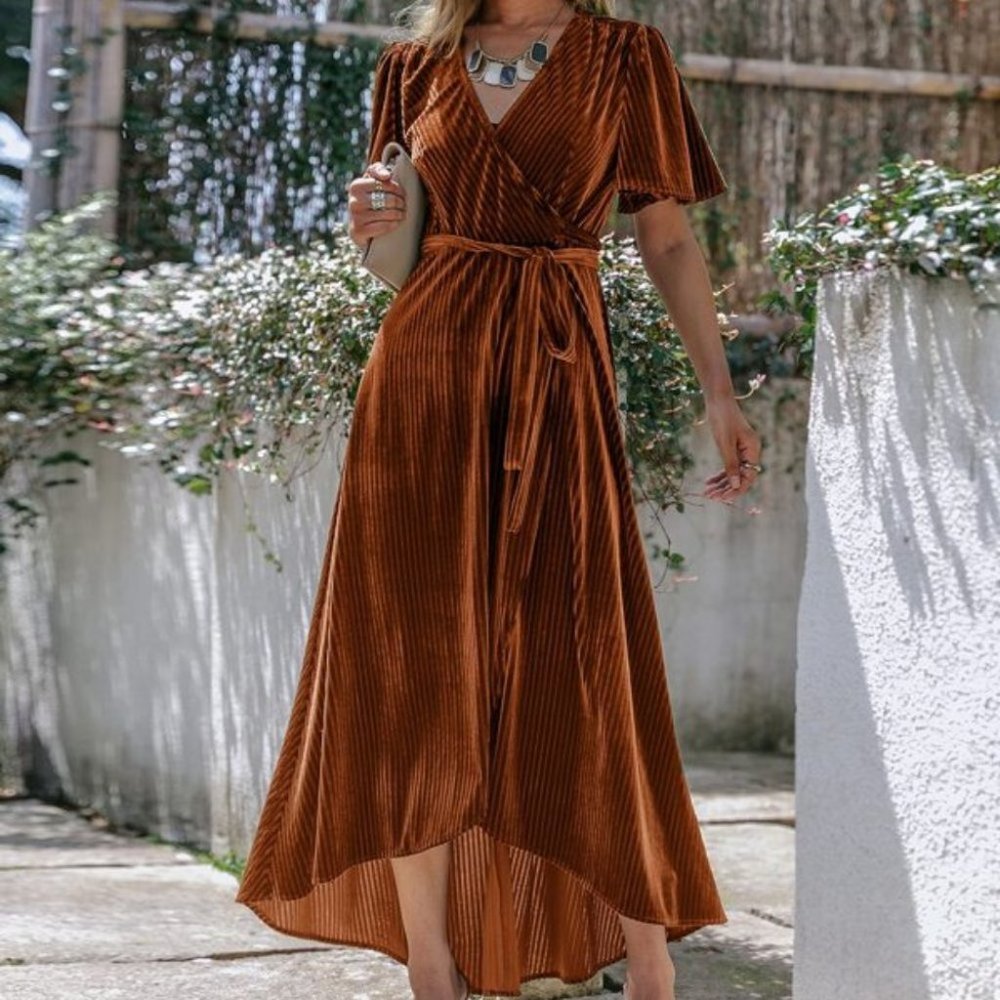 brown Wrap Knot Side High Low Hem Velvet Dress - Picture 3 of 7